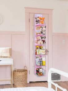 1入懸掛式6層門後收納袋帶2掛鉤，粉色網格掛式收納袋，適用於盛放填充玩具、衣物、食品等，可摺疊PVC收納袋，可掛於衣櫥及門後