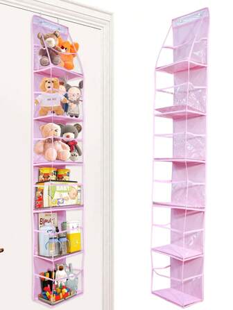 1pc 6-Shelf Over The Door Hanging Orgenizer With 2 Hooks,Pink Mesh Hanging Storage Bag For Stuffed Animals,Clothes,Foods,Fodable PVC Storage Organizer For Closet,Behind The Door Storage Bag.
