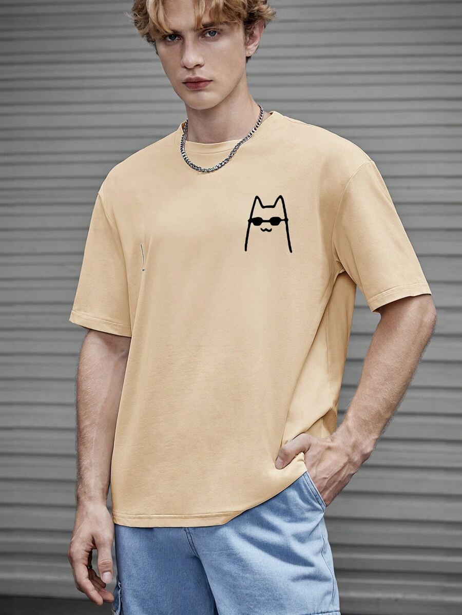 Estampado Camisetas De Hombre Manga Corta  De Dibujos Animados verano cuello redondo Casual Negra Blanca Playeras De Hombre con estampado de dibujos animados - Caqui - Ver 1