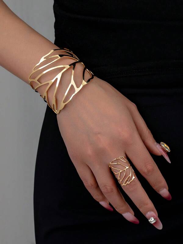 1pc Metal Fashion Geometric Leaf Bracelet And 1pc Metal Fashion Geometric Leaf Ring