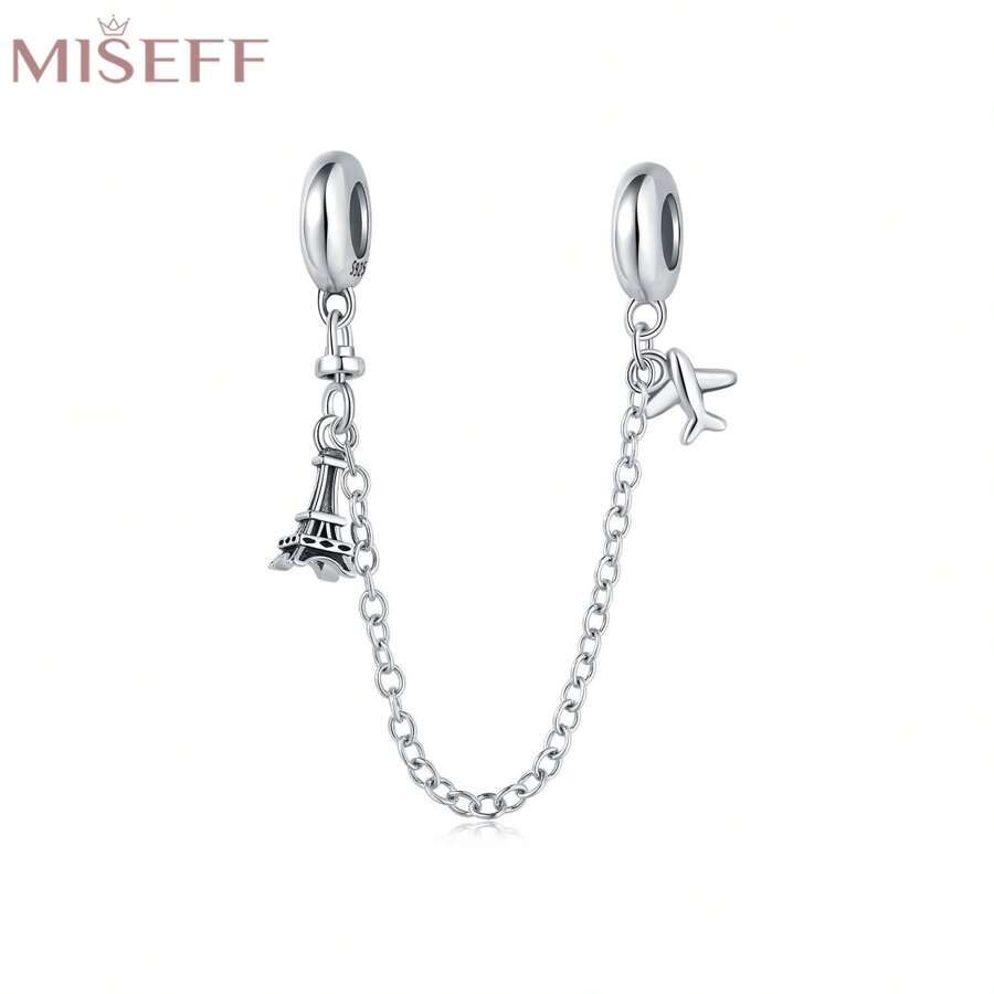MISEFF 1 chiếc mặt dây chuyền bạc Sterling 925 hình máy bay và tháp Eiffel kèm nút chặn bằng silicon cho vòng tay charm nguyên bản tự làm trang sức thời trang cao cấp cho phụ nữ và bé gái - Bạc - Xem 1