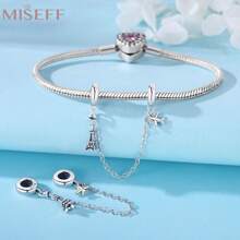 MISEFF 1 chiếc mặt dây chuyền bạc Sterling 925 hình máy bay và tháp Eiffel kèm nút chặn bằng silicon cho vòng tay charm nguyên bản tự làm trang sức thời trang cao cấp cho phụ nữ và bé gái - Bạc - Xem 3