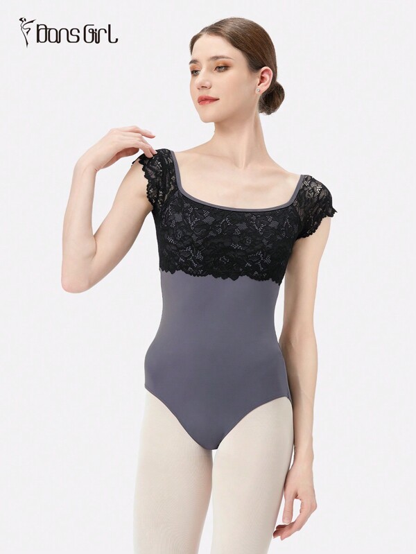 DonsGirl 1pc Women's Lace Patchwork Hollow Back Short Sleeve Ballet Leotard, Sweet Princess Style