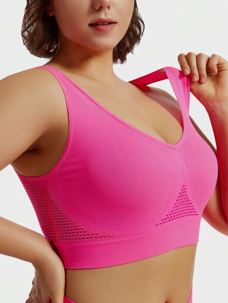 1pc Plus Size Women Breathable Mesh Hollow Wireless Bra, Comfortable Underwear
