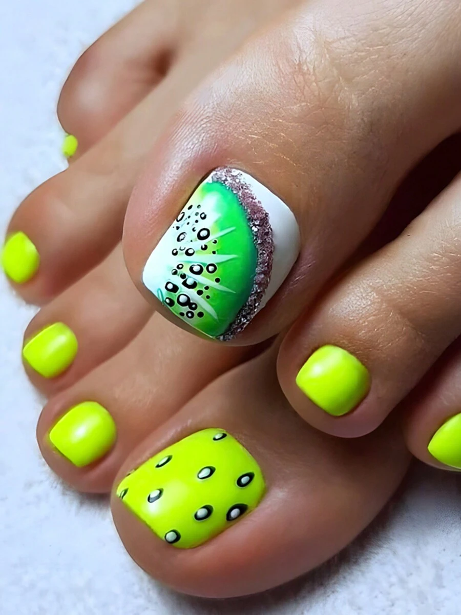 24入組短方形閃亮奇異果斑點設計美甲假釘組，覆蓋整個指甲，適合派對、舞會、節日穿著，壓克力貼片美甲供應 - 綠色 - 查看 1