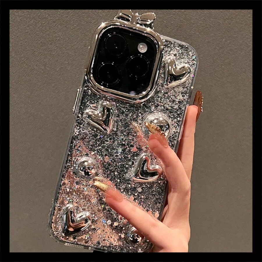 1件電鍍掉膠3D心型球iPhone 15 Pro Max手機殼,適用於蘋果15新款、蘋果14,具高端,蘋果13/12全保護,防跌落 - 彩色 - 查看 1