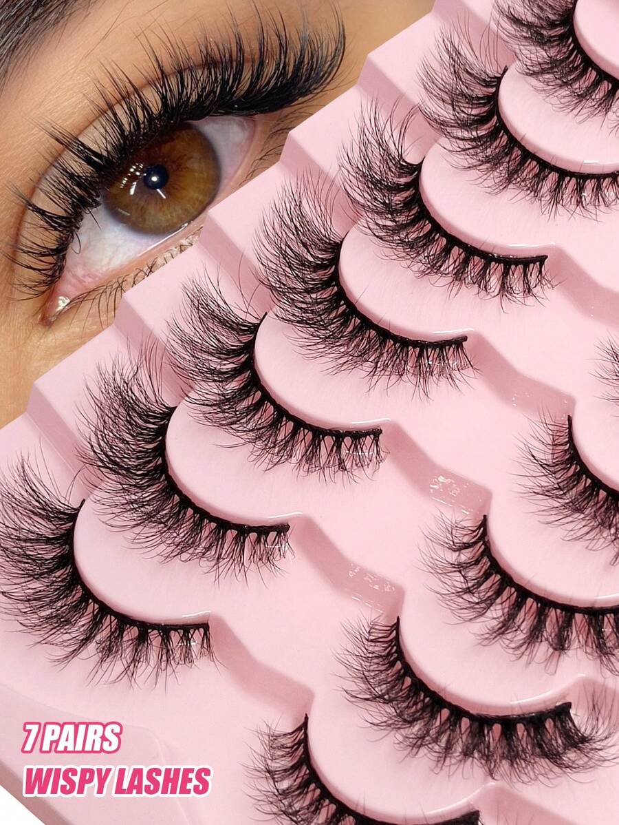 7对Asiteo自然逼真仿貂毛假睫毛，交叉蓬松卷翘，可重复使用，适合日常佩戴，条状假睫毛 - 眼尾拉長款 - 查看 1