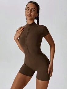 MASKERT 女士瑜伽连体裤 运动短袖连体裤 亲肤高弹塑身连体裤 夏季 - 巧克力棕 - 查看 4