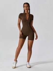 MASKERT 女士瑜伽连体裤 运动短袖连体裤 亲肤高弹塑身连体裤 夏季 - 巧克力棕 - 查看 7