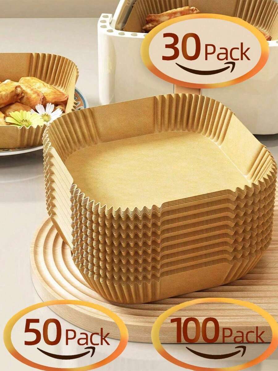 100入組熱風炸鍋食品紙，木漿蒸籠奶酪蛋糕炸鍋配件，炸鍋烘焙紙，廚房食品紙，廚房微波爐紙 - 棕色 - 查看 1