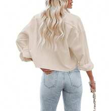 BZB Wome's Button Down Cropped Shirts Ong Sleeve Casual Crop Tops Solid Lapel Blouse Shirt With Chest Pocket - Màu be - Xem 3