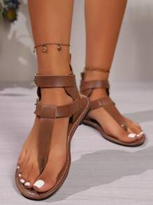 Women's Fashion Flat Thong Sandals, Casual Beach Shoes, Summer Solid Color Sandals With Lace-Up, Sports Sandals