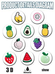 10 PCS Fruit Series, Avocado, Strawberry, Grape, Pineapple, Dragon Fruit, Banana, Watermelon, Peach Shoe Decoration Charms ForClogs Bubble Slides Sandals, Pvc ShoeDecorations, Beach Bag Accessories, Gift Ldea For BirthdayChristmas Valentine's Day Halloween, Party Favors