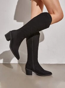 Knee High Boots Women, Pull On Zipper Chunky Heel Pointed Toe Western Cowgirl Cowboy Boots - 黑色/麂皮 - 查看 2