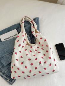 简约时尚大容量草莓印花手提包，开口设计，轻巧的软面单肩包。适合女性日常休闲通勤和学生课堂使用，时尚可爱的草莓钱包 - 白色 - 查看 4