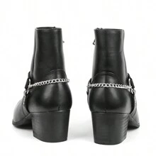 Fashion Men High Heel Pointed Toe Chain Design Chelsea Boots - Black - View 4