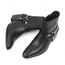 Fashion Men High Heel Pointed Toe Chain Design Chelsea Boots - Black - View 2