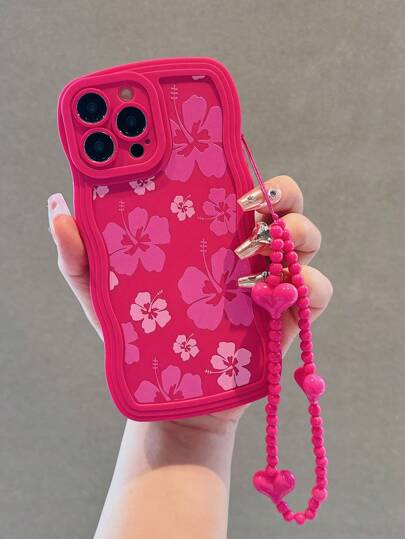 Summer Phone Case Floral 1pc Pink Wave Ombre Flower Material Design Phone Case, Compatible With IPhone 15 Promax/15 Plus/15 Pro/15/12/11/13 Pro, With 13/14 Protector And Pink Heart Pendant, Attached With Hanging Cord Waterproof Shockproof Anti-Fall Scratch Resistant