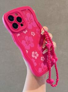 夏季手机壳花卉 1 件粉色波浪渐变花朵材料设计手机壳，兼容 15 Promax/15 Plus/15 Pro/15/12/11/13 Pro，带 13/14 保护膜和粉色心形吊坠，附带挂绳，防水防震防摔防刮 - 玫紅色 - 查看 2