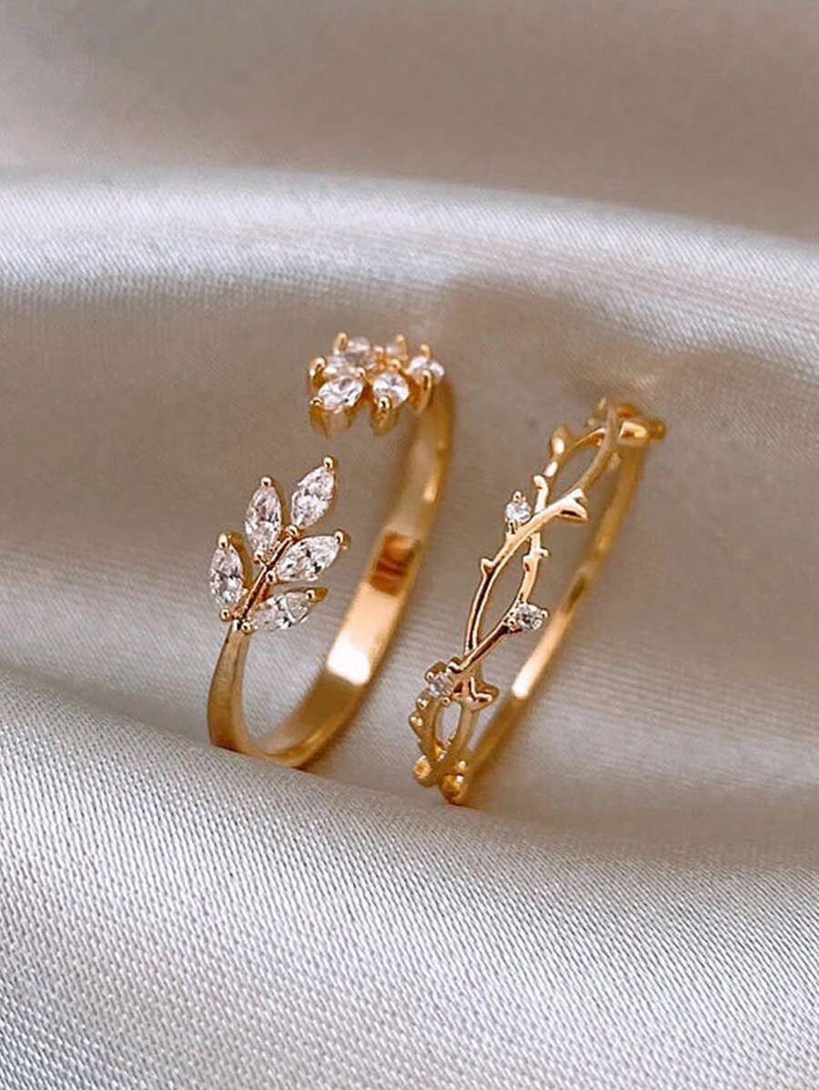 1 Set Of Fashionable And Luxurious Cat's Eye Stone Leaf Open Ring - Gold - View 1