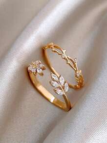 1 Set Of Fashionable And Luxurious Cat's Eye Stone Leaf Open Ring - Gold - View 3