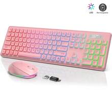 JOMAA Teclado Y Mouse Inalámbricos Rosa Conjunto Completo Tamaño Completo Led Retroiluminado Teclado Y Ratón Recargable Conjunto Inalámbrico Diseño Ultra-delgado Para Windows, Computadora, Escritorio, Pc, Cuaderno, Laptop - Rosa - Ver 1