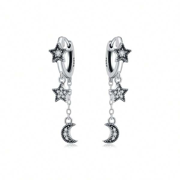 1 Paar 925 Sterling Silber Ohrringe mit schwarzen Stern und Mond Quaste, geeignet für Frauen, täglichen Gebrauch, Geburtstagsgeschenk, feiner Schmuck, Frauen Geschenke, Valentinstagsgeschenk