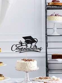 1 pieza Topper para pastel de felicitaciones a los graduados 2024 en negro y dorado con purpurina, selecciones de pastel con gorro de graduación y estrella para decoraciones de fiesta de graduación 2024 - Negro - Ver 5