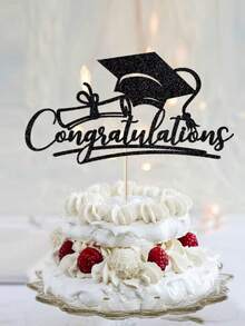 1 pieza Topper para pastel de felicitaciones a los graduados 2024 en negro y dorado con purpurina, selecciones de pastel con gorro de graduación y estrella para decoraciones de fiesta de graduación 2024 - Negro - Ver 4