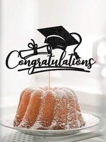 1 pieza Topper para pastel de felicitaciones a los graduados 2024 en negro y dorado con purpurina, selecciones de pastel con gorro de graduación y estrella para decoraciones de fiesta de graduación 2024 - Negro - Ver 3