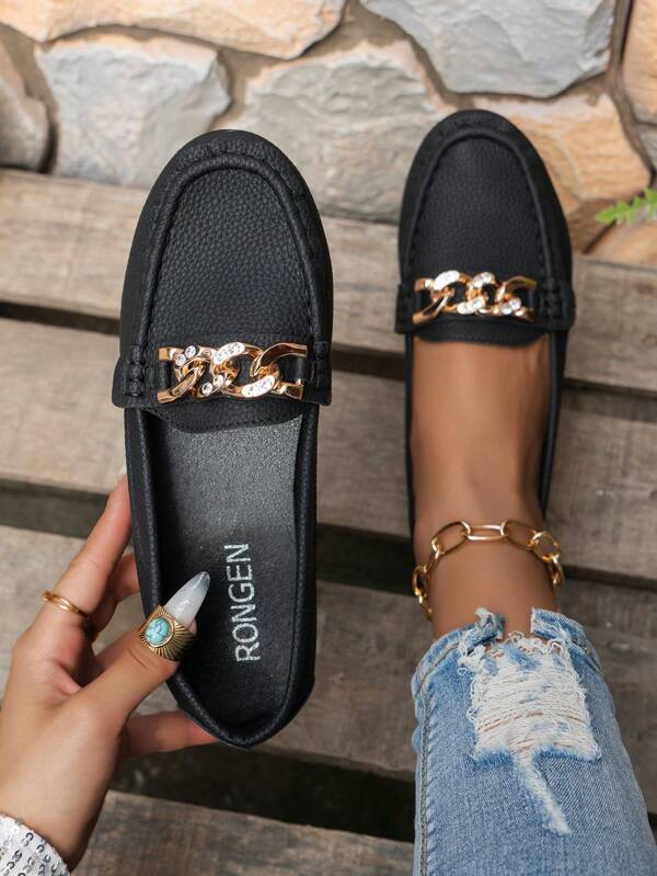 Flache, runde Zehen Slip-Ons für Damen mit Metal Kettendekor, rutschfest, Schwarz, für Frühling und Herbst