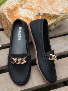 Women's Metal Chain Decorated Round Toe Flat Casual Slip-Resistant Black Loafers For Spring And Autumn