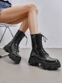 Women's Combat Boots Lace Up Mid Calf Boots Low Heel Chunky Platform Riding Boots Winter Festival Party Valentine's Day  Black Spring Boots - màu đen - Xem 5