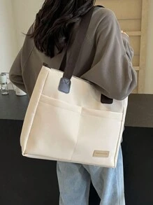 MOBAOFANG 1 Peça Bolsa Grande em Nylon com Capacidade de Ombro na cor Bege, neutra e com vários bolsos, usada como Bolsa Transversal, estilo Retro e Casual, adequada para o cotidiano, trabalho e compras. - Bege - Visão 5