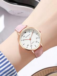 Fashionable Simple Cute Arabic Dial Quartz Leather Strap Watch - Pink - View 1