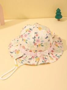 1入組女嬰花朵圖案防曬漁夫帽適用於戶外 - 彩色 - 查看 3
