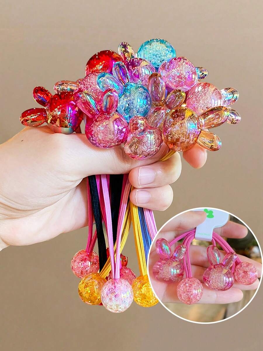 Set de 6 coleteros con bolas de conejo de colores, sujetadores de coleta simples, lazos para el cabello sin daños para niñas, para uso diario