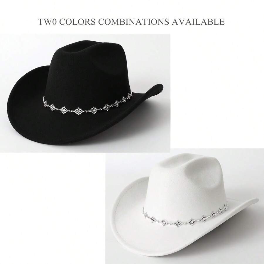 2pcs Unisex Elegant Western Cowboy Hat With Rhinestone Diamond Decor For Women (Black+White), Suitable For Daily Use - Black+White - View 1