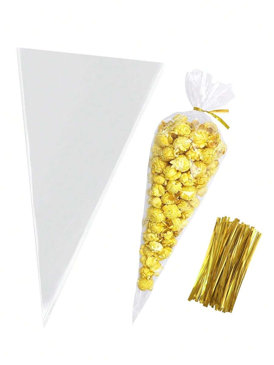 圓錐形糖果包裝袋，50/100入清晰爆米花包大量5x10英寸玻璃紙巾包帶扭結小三角形塑料錐形袋，適用於禮物贈送、個人份量、派對糖果小吃包裝 - 無色 - 查看 1