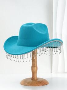 1pc Solid Color Unique Personality Sparkling Rhinestone Tassel Hat, With Shewee Cowgirl Hat, Suitable For Girlcore, Vintage, Floral, Spring Summer Bright Colors, Pink Aesthetic, Novel Punk Style Wide Brim BR Street Fashion, 2024 Wedding Essentials, Classy Aesthetic, Dinner Party Essentials, Suitable For Parties, Western-Themed Events, Gatherings, Engagement Parties, Cosplay, Graduation Ceremonies, Masquerades, Festivals, Weddings, Birthday Celebrations, Music Festivals, Coming-Of-Age Ceremonies Halloween