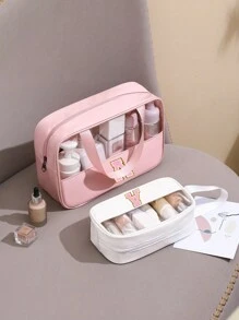 1 PC Fashionable New Square Solid Color PU&PVC Leather Fabric With Floral Letter Print Waterproof Zippered Top And Women's Makeup Bag With A Carrying Strap Design Suitable For College Student For Vacation Holiday For Travel For School Beach Bag Beach Essentials Beach Towel Organizer Beach Accessories Beach Stuff For Summer(Pink) Back To School Supplies
