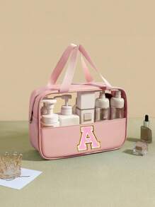 1 PC Fashionable New Square Solid Color PU&PVC Leather Fabric With Floral Letter Print Waterproof Zippered Top And Women's Makeup Bag With A Carrying Strap Design Suitable For College Student For Vacation Holiday For Travel For School Beach Bag Beach Essentials Beach Towel Organizer Beach Accessories Beach Stuff For Summer(Pink) Back To School Supplies