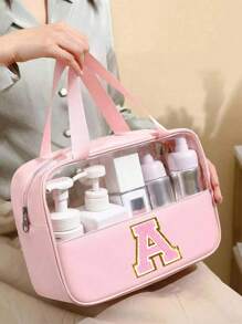 1 PC Fashionable New Square Solid Color PU&PVC Leather Fabric With Floral Letter Print Waterproof Zippered Top And Women's Makeup Bag With A Carrying Strap Design Suitable For College Student For Vacation Holiday For Travel For School Beach Bag Beach Essentials Beach Towel Organizer Beach Accessories Beach Stuff For Summer(Pink) Back To School Supplies