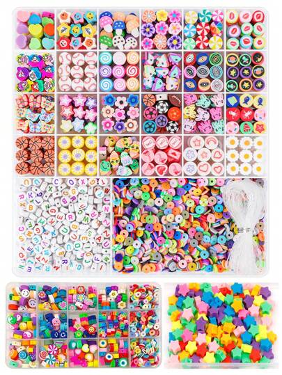 1pc/15-Grid/26-Grid Polymer Clay Beads Bracelet Making Kit, 120pcs/900pcs/1880pcs Random Cartoon Soft Clay Beads, Flower Beads, Mixed Fruit & Animal Beads, For DIY Jewelry Making, Suitable As A Gift For Girls