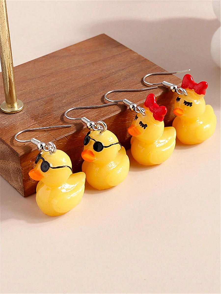 2pcs/1pair Cute Yellow Duck Wearing Sunglasses Bow Pendant Earrings For Men And Women - Little Yellow Duck - View 1