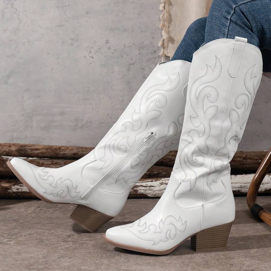 Women's Embroidered Leather Platform Wedge Boots - White - View 1