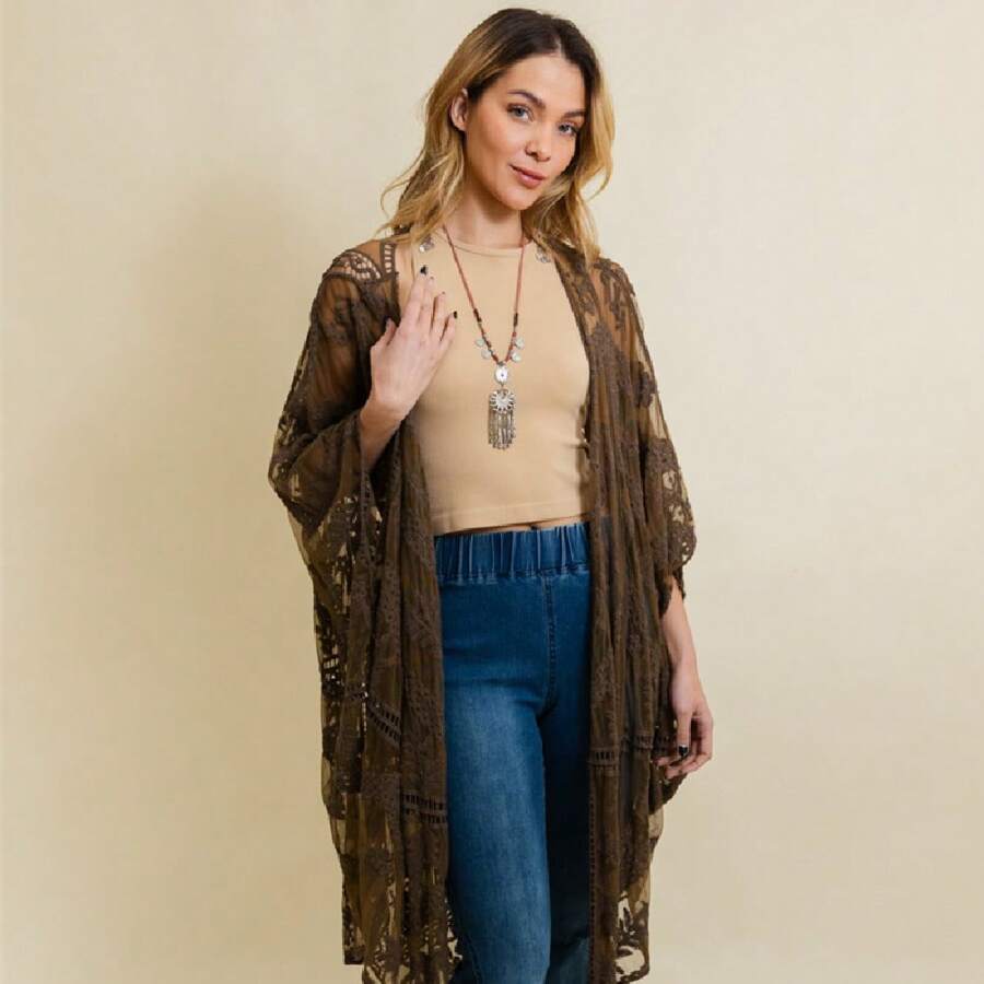 Sylvan Lace Leaf Kimono - Army Green - View 1