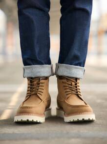 Men's Moc Toe Winter Wedge Boots Fashion Comfortable Casual Walking Shoes Lightweight Outdoor Boots - 棕色 - 查看 2