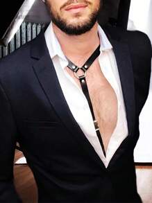 1 件男士人造皮革吊带性感派对上衣，带装饰肩带，服装配饰背带万圣节 - 黑色 - 查看 2