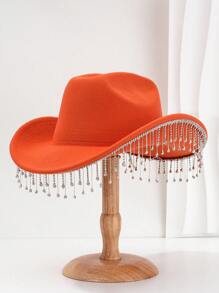 1pc Solid Color Unique Personality Sparkling Rhinestone Tassel Hat, With Shewee Cowgirl Hat, Suitable For Girlcore, Vintage, Floral, Spring Summer Bright Colors, Pink Aesthetic, Novel Punk Style Wide Brim BR Street Fashion, 2024 Wedding Essentials, Classy Aesthetic, Dinner Party Essentials, Suitable For Parties, Western-Themed Events, Gatherings, Engagement Parties, Cosplay, Graduation Ceremonies, Masquerades, Festivals, Weddings, Birthday Celebrations, Music Festivals, Coming-Of-Age Ceremonies Halloween